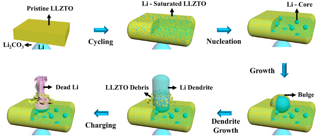 利用原位透射電鏡樣品桿觀察電池循環(huán)過程中鋰枝晶刺穿固態(tài)電解質(zhì)示意圖 利用原位透射電鏡樣品桿觀察電池循環(huán)過程中鋰枝晶刺穿固態(tài)電解質(zhì)示意圖